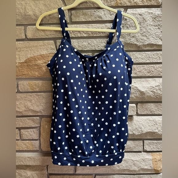 Land's End Chlorine Resistant Blouson Tankini Swimsuit Blue Polka Dot upf50 14DD - Picture 3 of 8
